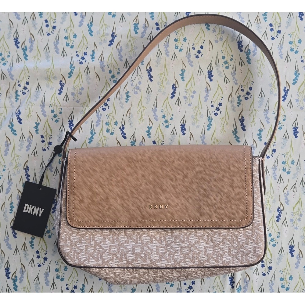 DKNY Banks EW Flap‎ Shoulder Bag Tan Logo Monogram R213JT21 New With Tags